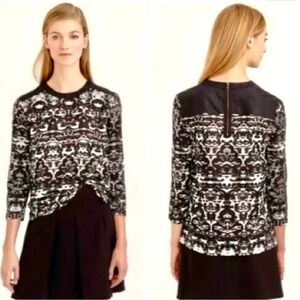 J.Crew Black White Ikat Print Wool Yoke 3/4 Sleeve Top B4735 Womens Size 2